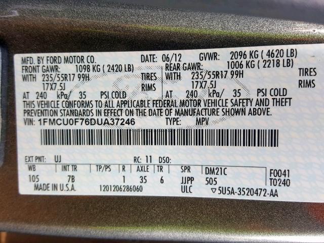 1FMCU0F76DUA37246 - 2013 FORD ESCAPE S GRAY photo 10