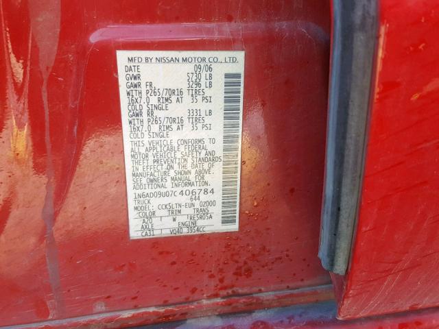 1N6AD09U07C406784 - 2007 NISSAN FRONTIER C RED photo 10