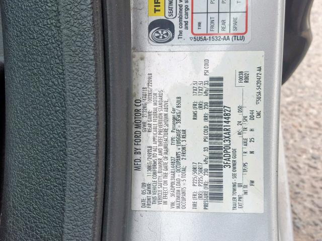 3FADP0L3XAR144827 - 2010 FORD FUSION HYB SILVER photo 10