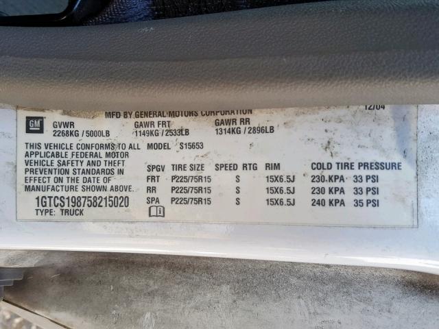 1GTCS198758215020 - 2005 GMC CANYON WHITE photo 10
