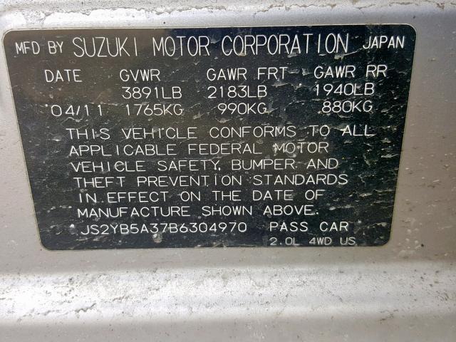 JS2YB5A37B6304970 - 2011 SUZUKI SX4 SILVER photo 10