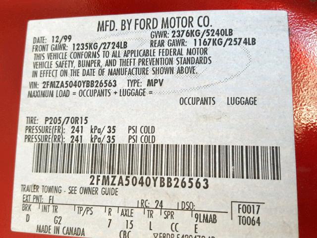 2FMZA5040YBB26563 - 2000 FORD WINDSTAR W RED photo 10