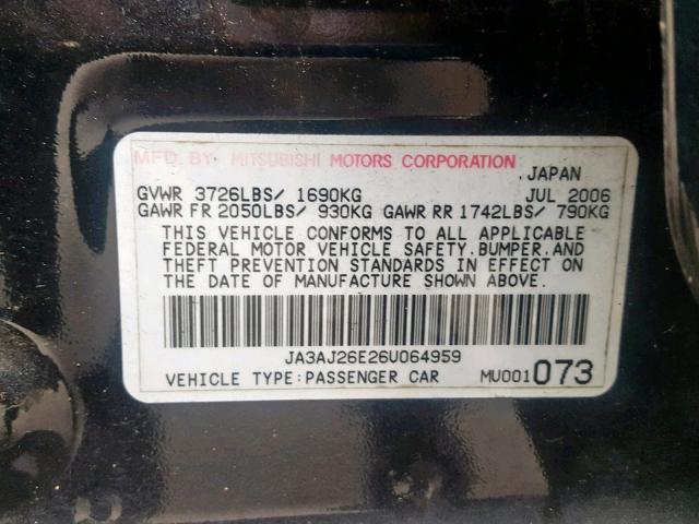 JA3AJ26E26U064959 - 2006 MITSUBISHI LANCER ES BLACK photo 10