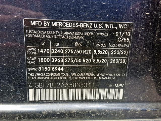 4JGBF7BE2AA583834 - 2010 MERCEDES-BENZ GL 450 4MA GRAY photo 10