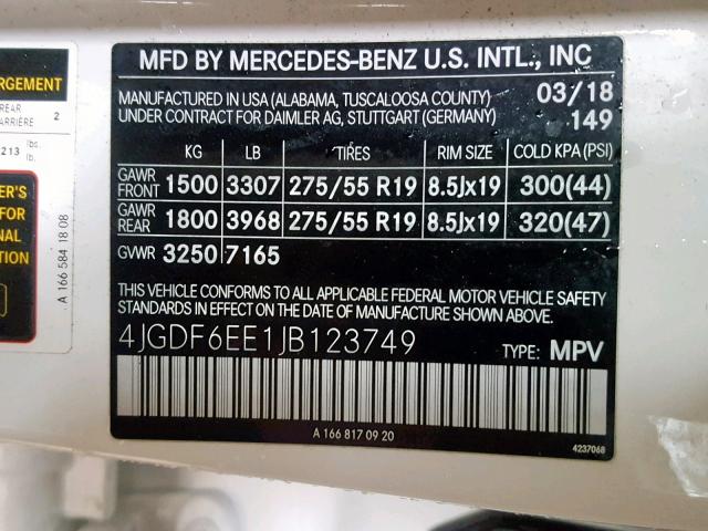 4JGDF6EE1JB123749 - 2018 MERCEDES-BENZ GLS 450 4M WHITE photo 10