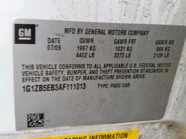 1G1ZB5EB3AF111013 - 2010 CHEVROLET MALIBU LS WHITE photo 10