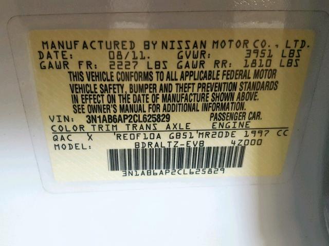 3N1AB6AP2CL625829 - 2012 NISSAN SENTRA 2.0 WHITE photo 10