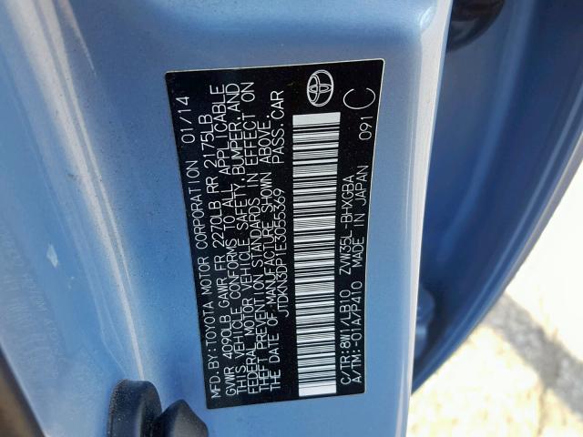 JTDKN3DP1E3055369 - 2014 TOYOTA PRIUS PLUG BLUE photo 10