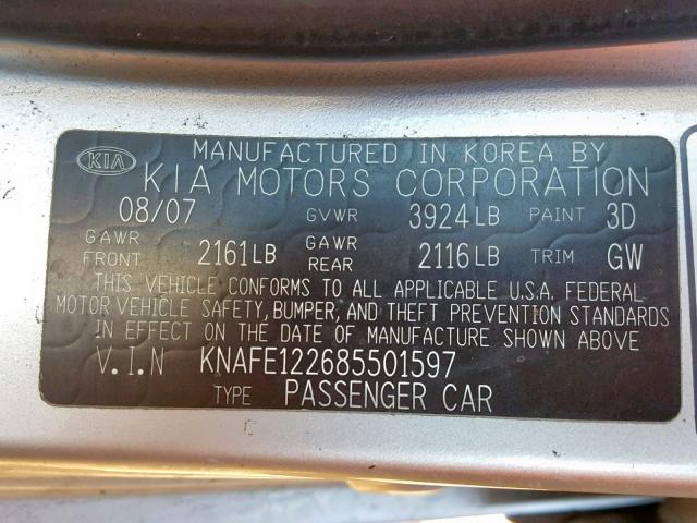 KNAFE122685501597 - 2008 KIA SPECTRA EX SILVER photo 10