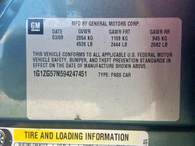 1G1ZG57N594247451 - 2009 CHEVROLET MALIBU LS GREEN photo 10