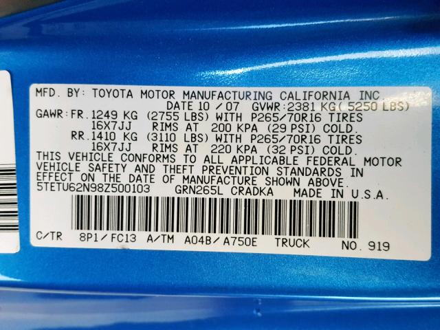 5TETU62N98Z500103 - 2008 TOYOTA TACOMA PRE BLUE photo 10