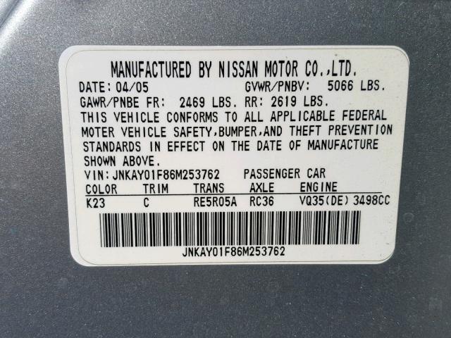 JNKAY01F86M253762 - 2006 INFINITI M35 BASE WHITE photo 10