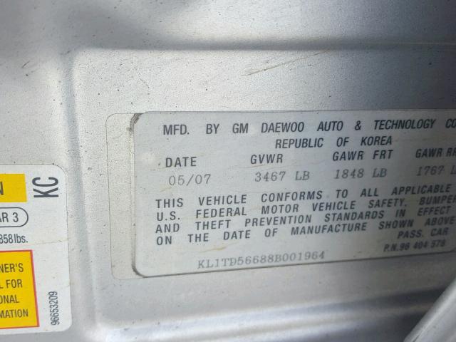 KL1TD56688B001964 - 2008 CHEVROLET AVEO BASE ვერცხლისფერი ფოტო 10