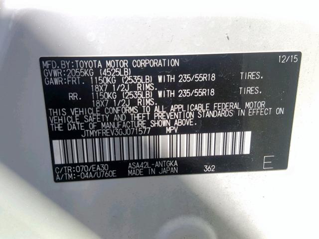 JTMYFREV3GJ071577 - 2016 TOYOTA RAV4 LIMIT WHITE photo 10