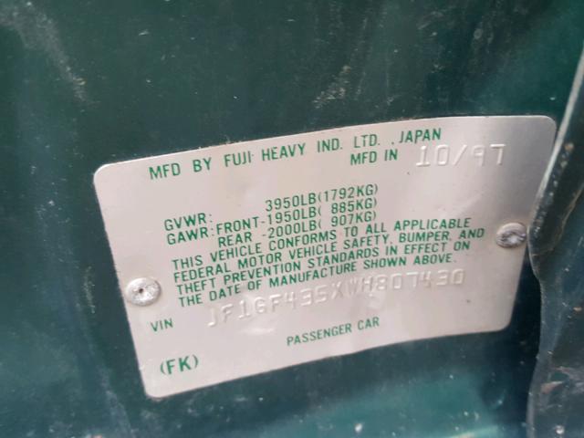 JF1GF435XWH807430 - 1998 SUBARU IMPREZA L GREEN photo 10