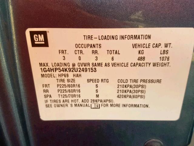 1G4HP54K92U249153 - 2002 BUICK LESABRE CU BLUE photo 10