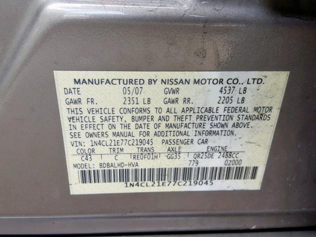 1N4CL21E77C219045 - 2007 NISSAN ALTIMA HYB TAN photo 10