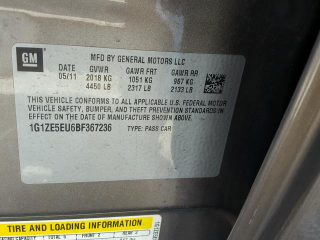 1G1ZE5EU6BF367236 - 2011 CHEVROLET MALIBU LTZ 灰色 照片 10