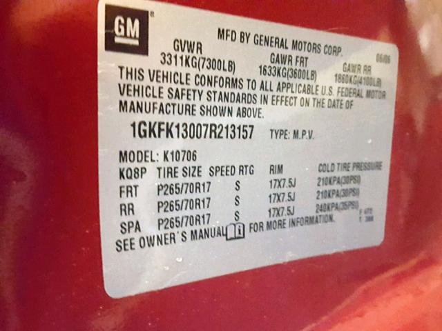 1GKFK13007R213157 - 2007 GMC YUKON MAROON photo 10