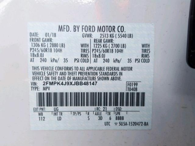 2FMPK4J9XJBB48147 - 2018 FORD EDGE SEL WHITE photo 10