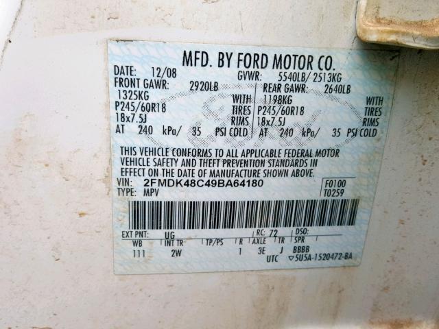 2FMDK48C49BA64180 - 2009 FORD EDGE SEL WHITE photo 10