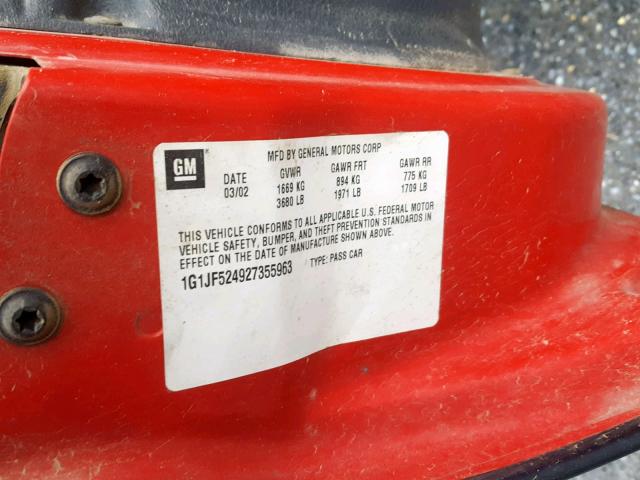 1G1JF524927355963 - 2002 CHEVROLET CAVALIER L RED photo 10