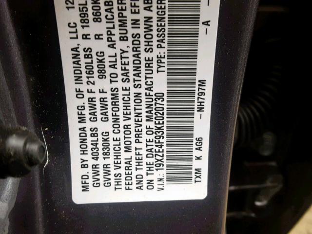 19XZE4F93KE020730 - 2019 HONDA INSIGHT TO GRAY photo 10