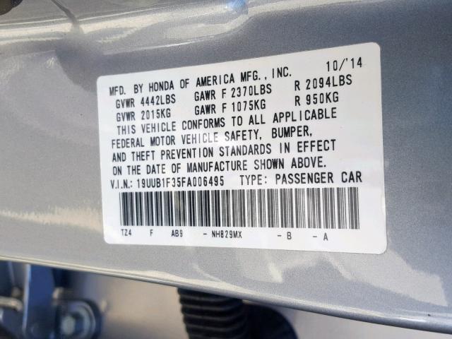 19UUB1F35FA006495 - 2015 ACURA TLX SILVER photo 10