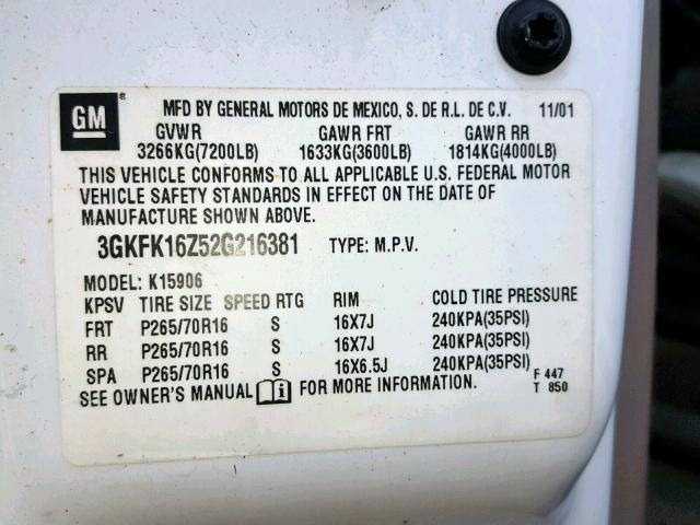 3GKFK16Z52G216381 - 2002 GMC YUKON XL K WHITE photo 10