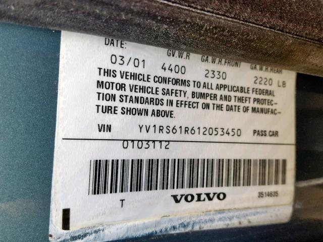 YV1RS61R612053450 - 2001 VOLVO S60 BLUE photo 10