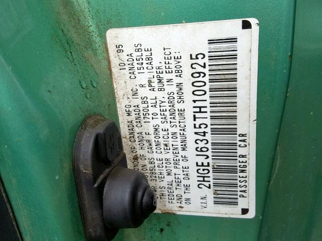 2HGEJ6345TH100925 - 1996 HONDA CIVIC DX GREEN photo 10