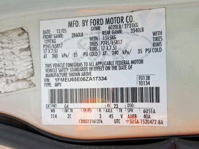 1FMEU65E06ZA17334 - 2006 FORD EXPLORER L WHITE photo 10