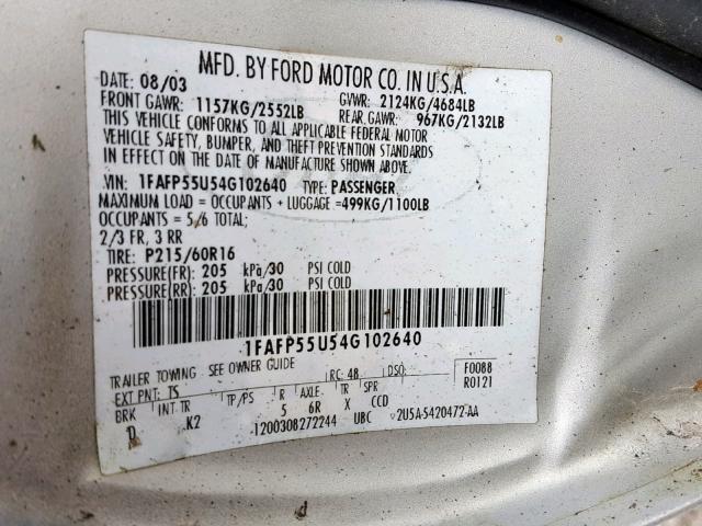 1FAFP55U54G102640 - 2004 FORD TAURUS SES SILVER photo 10