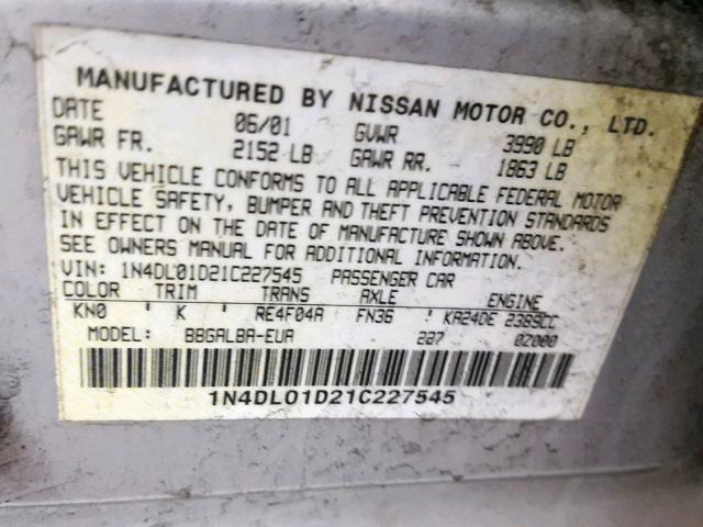 1N4DL01D21C227545 - 2001 NISSAN ALTIMA XE GRAY photo 10