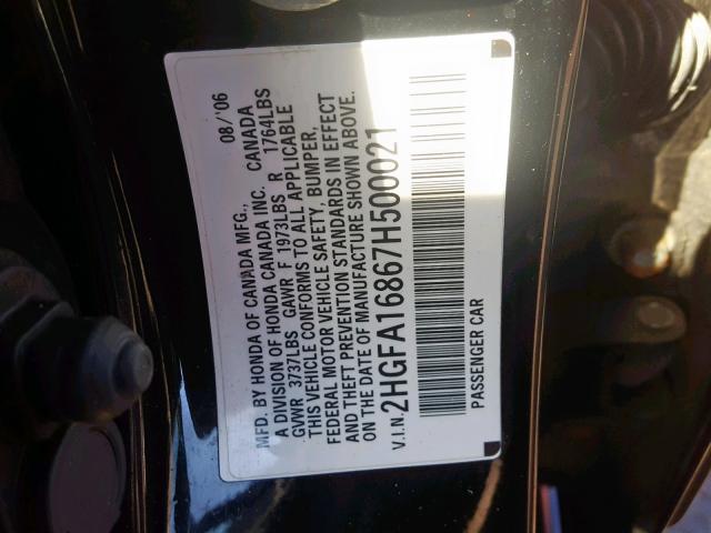 2HGFA16867H500021 - 2007 HONDA CIVIC EX BLACK photo 10