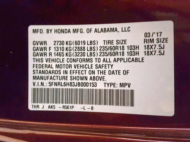 5FNRL6H83JB000153 - 2018 HONDA ODYSSEY TO BURGUNDY photo 10