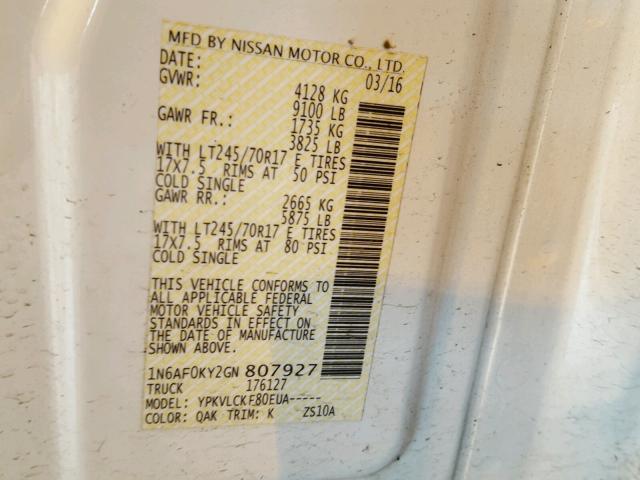 1N6AF0KY2GN807927 - 2016 NISSAN NV 2500 S WHITE photo 10