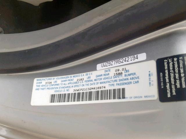 3VWCP21C32M416974 - 2002 VOLKSWAGEN NEW BEETLE ვერცხლისფერი ფოტო 10