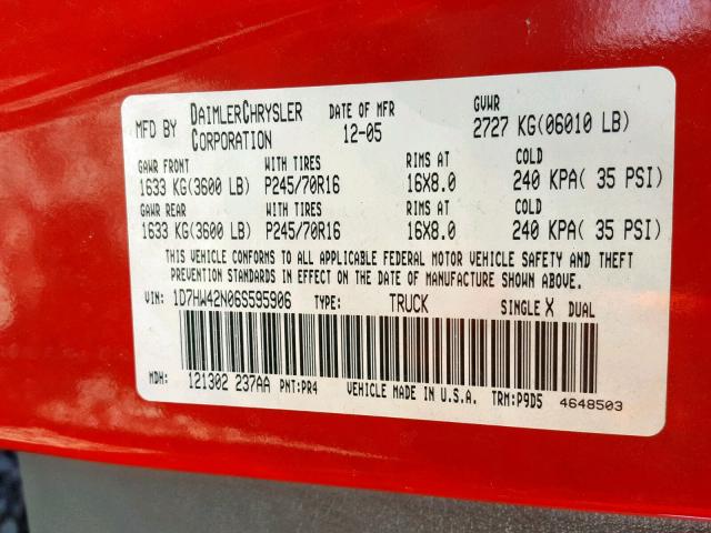 1D7HW42N06S595906 - 2006 DODGE DAKOTA SLT RED photo 10