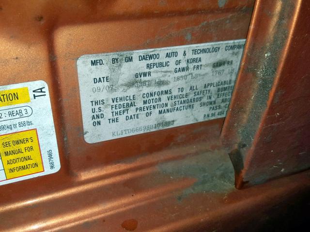 KL1TD66698B101383 - 2008 CHEVROLET AVEO BASE ნარინჯისფერი ფოტო 10