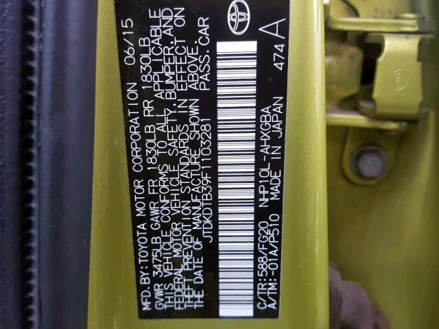 JTDKDTB39F1103281 - 2015 TOYOTA PRIUS C GREEN photo 10