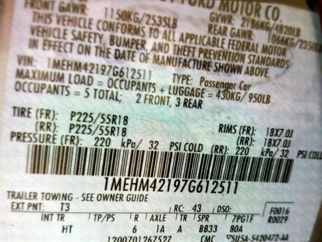 1MEHM42197G612511 - 2007 MERCURY MONTEGO PR ვერცხლისფერი ფოტო 10