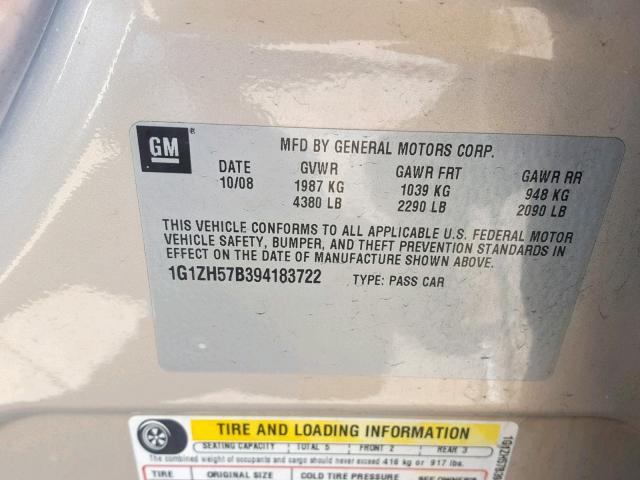 1G1ZH57B394183722 - 2009 CHEVROLET MALIBU 1LT ოქროსფერი ფოტო 10