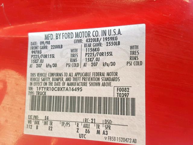 1FTYR10C8XTA16495 - 1999 FORD RANGER RED photo 10