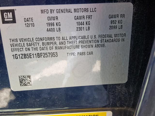 1G1ZB5E11BF257953 - 2011 CHEVROLET MALIBU LS BLUE photo 10