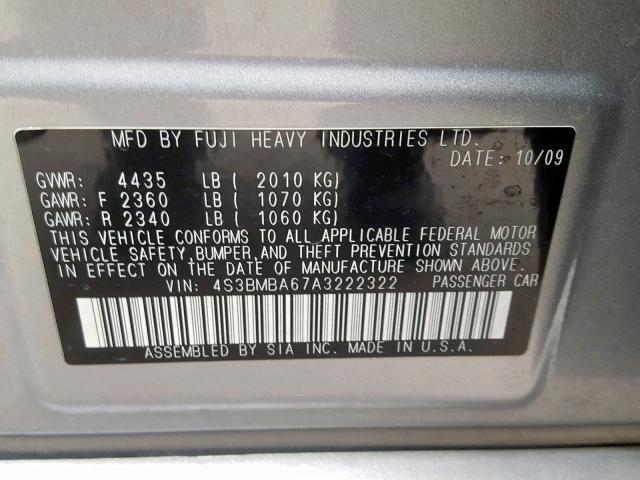 4S3BMBA67A3222322 - 2010 SUBARU LEGACY 2.5 GRAY photo 10