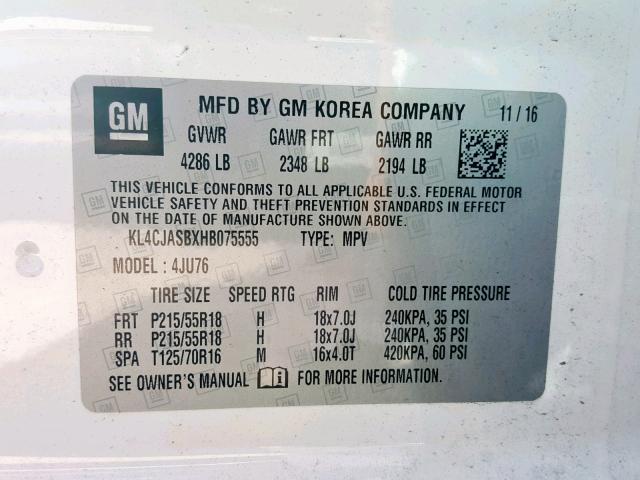 KL4CJASBXHB075555 - 2017 BUICK ENCORE PRE WHITE photo 10