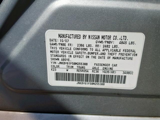 JNKBV61F58M255388 - 2008 INFINITI G35 SILVER photo 10