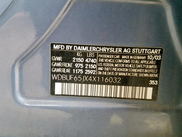 WDBUF65JX4X116032 - 2004 MERCEDES-BENZ E 320 BLUE photo 10