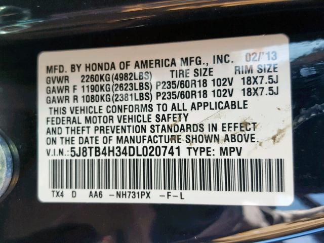 5J8TB4H34DL020741 - 2013 ACURA RDX BLACK photo 10